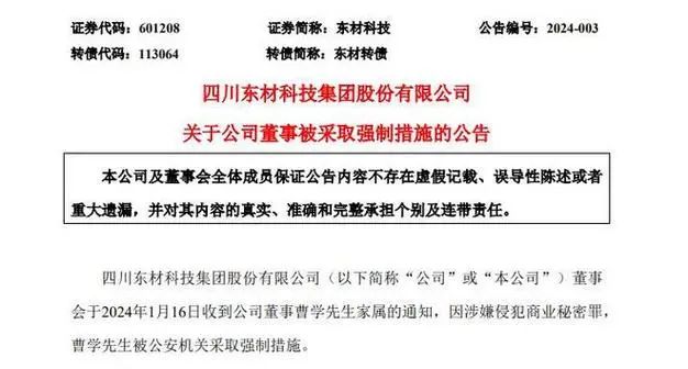 涉嫌侵犯商業秘密罪 東材科技董事被采取強制措施