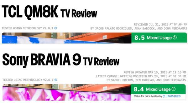 TCL QM8K登頂Rtings年度Mini LED電視榜首 核心技術指標全面領先索尼